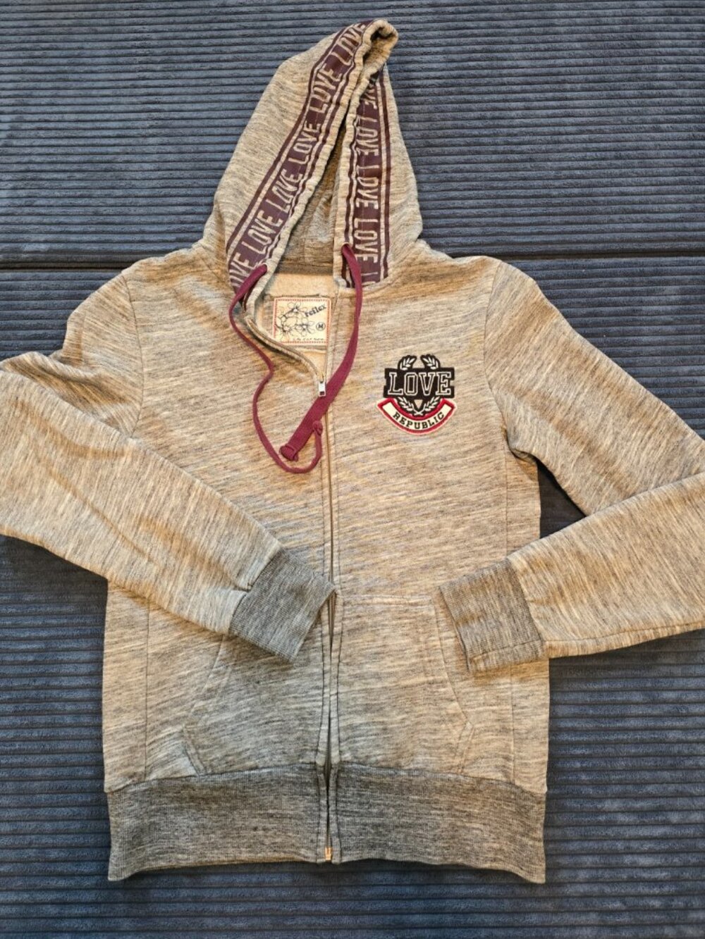 Love Republic Hoodie Women’s M Gray Floral Patch Maroon Drawstring Pullover